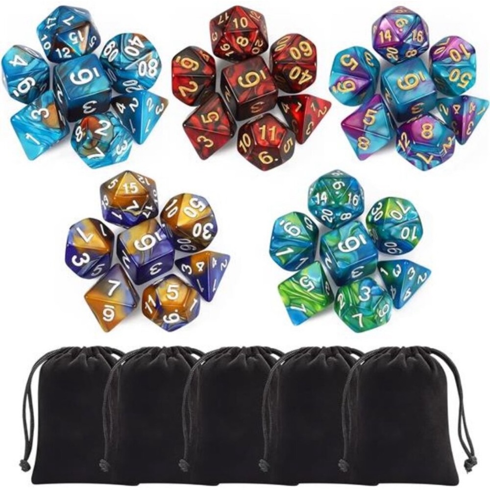 Polyhedral Dice Set (35 Pieces) with Black Pouches, 5 Complete Double-Colors